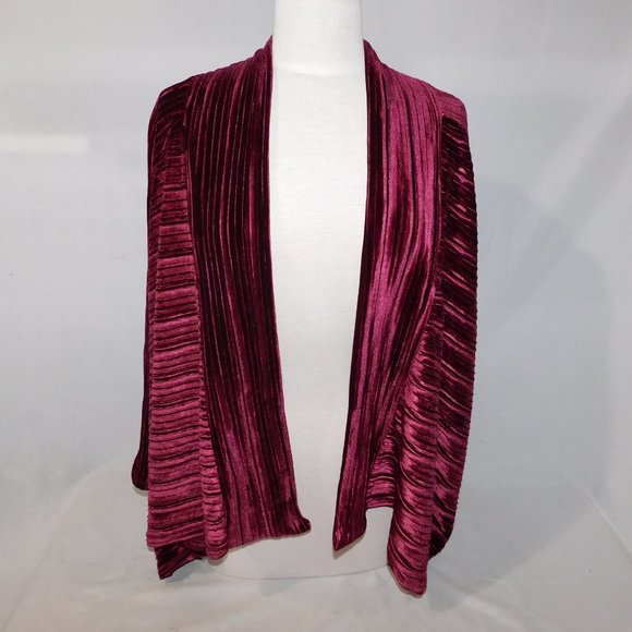 Andrea Jovine Womens L Long Sleeve Draping Burgundy WINE Velour Open Cardigan - Picture 2 of 8